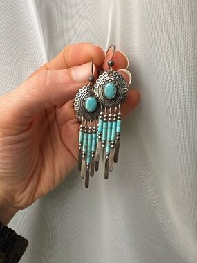 Turquoise Dangle Earrings - Artisan Sterling- Silver Beaded Fringe